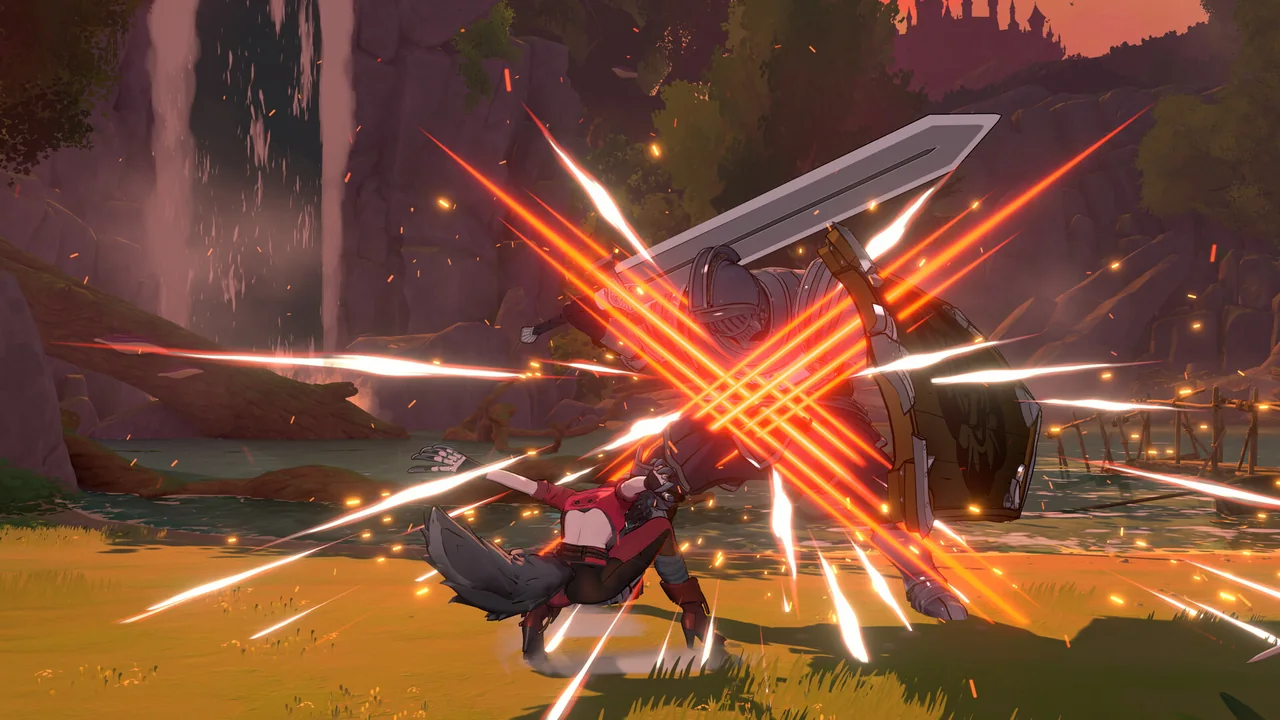 Red Hood clashes with an armored enemy during combat